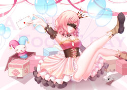 1girl 1maokitty absurdres ace_(playing_card) ace_of_clubs ace_of_hearts april_fools argyle_crown armpits balloon bare_legs bare_shoulders between_breasts between_fingers black_arm_warmers black_collar black_corset black_crown blindfold bloomers boots bow breasts brown_boots card card_between_breasts card_between_fingers chinese_commentary circle_skirt club_(shape) collar commentary commentary_request corset crown detached_collar dot_nose drill_hair english_commentary expressionless facial_tattoo foot_out_of_frame frilled_arm_warmers frilled_shirt frilled_skirt frills gift gold_crown heart heart_tattoo high_heel_boots high_heels highres holding jack-in-the-box large_breasts legs_up long_hair mini_crown miniskirt miss_sorrow_(nikkiup2u2) mixed-language_commentary nikki_(series) nikki_up2u2:_world_traveller open_mouth outstretched_arm pink_background pink_hair pink_shirt pink_skirt playing_card see-through_arm_warmers shadow shirt skirt solo strapless strapless_shirt tattoo teardrop_tattoo two-tone_background two-tone_collar two-tone_crown underwear vertical-striped_collar waist_bow white_background white_bloomers white_bow white_collar