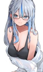 1girl amagai_ruka appleseed_(appleseed_art) bare_shoulders black-framed_eyewear black_bra black_tank_top blue_eyes blue_hair blue_streaks blush bra braid breasts cleavage closed_mouth commentary_request crown_braid ear_piercing glasses grey_hair highres jacket large_breasts long_hair looking_at_viewer multicolored_hair off_shoulder piercing semi-rimless_eyewear simple_background solo streaked_hair tank_top underwear virtual_youtuber weather_planet white_background white_jacket