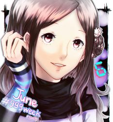 1girl brown_hair female_focus flower hair_flower hair_ornament hand_in_own_hair kyokugen_dasshutsu kyokugen_dasshutsu:_9_jikan_9_nin_9_no_tobira looking_at_viewer kurashiki_akane ryan_(stepde14) scarf smile solo teeth