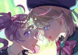 :d :o absurdres ahoge aozora_himari blonde_hair blue_brooch blue_eyes blue_gemstone blue_hat bow commentary forehead-to-forehead gem hair_bow hat heads_together highres himitsu_no_aipri hoshikawa_mitsuki looking_at_another medium_hair open_mouth pink_bow pink_hair pipo_(pipopipopo00) pretty_series purple_eyes scene_reference smile star_(symbol) star_in_eye straight_hair symbol_in_eye teeth twintails upper_body upper_teeth_only