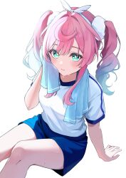 1girl alternate_costume aqua_eyes aqua_hair blue_shorts breasts commentary drill_hair highres holding holding_towel honkai:_star_rail honkai_(series) hyacine_(honkai:_star_rail) looking_at_viewer medium_hair mikqze multicolored_hair pink_hair shirt shorts simple_background sitting small_breasts solo sportswear sweat symbol-only_commentary thighs towel twin_drills twintails two-tone_hair white_background white_shirt