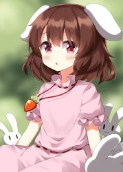 Rule 34 | 1girl, animal ears, blurry, blurry background, blush, brown hair, carrot necklace, commentary request, cowboy shot, dress, floppy ears, green background, highres, inaba tewi, jewelry, looking at viewer, necklace, open mouth, pink dress, rabbit, rabbit ears, rabbit girl, red eyes, ribbon-trimmed sleeves, ribbon trim, ruu (tksymkw), short hair, short sleeves, solo, touhou