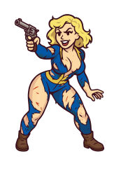 blue_jumpsuit fallout fallout_1 fallout_4 fallout_shelter_online gun handgun highres holding holding_gun holding_weapon jumpsuit revolver shelter_girl_(fallout_shelter_online) vault_girl vault_suit weapon