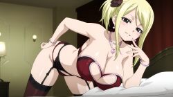 bra breasts fairy_tail happy huge_breasts jewelry lingerie lucy_heartfilia necklace on_bed red_bra smlie underwear