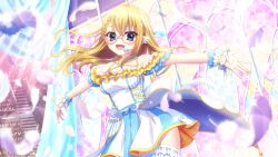 Rule 34 | 1girl, :d, ahoge, audience, bare shoulders, blonde hair, blue eyes, blue skirt, blurry, blurry foreground, braid, breasts, cleavage, concert, contrapposto, cowboy shot, dot nose, dress, falling feathers, fang, feathers, film grain, frilled dress, frills, furumi chie, game cg, garter straps, glowstick, hair ornament, head tilt, headset, idol, idol clothes, izumi tsubasu, layered skirt, lens flare, looking at viewer, medium breasts, non-web source, off-shoulder dress, off shoulder, official art, open mouth, outstretched arms, railing, re:stage!, round eyewear, showgirl skirt, single braid, skin fang, skirt, smile, solo, sparkle, spread arms, stained glass, stairs, thighhighs, two-tone skirt, white dress, white feathers, white garter straps, white skirt, white thighhighs, white wrist cuffs, wing hair ornament, wrist cuffs