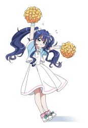 1girl :&lt; arm_up bare_arms bare_legs blue_hair blush commentary cropped_jacket dalidari27 dress flying_sweatdrops green_eyes highres holding holding_pom_poms kimi_no_koto_ga_dai_dai_dai_dai_daisuki_na_100-nin_no_kanojo long_hair looking_at_viewer pom_pom_(cheerleading) pom_poms short_sleeves sidelocks simple_background solo twintails wavy_eyes white_background white_dress wristband yoshimoto_shizuka
