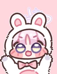 Rule 34 | arms up, blue archive, blush stickers, bugi 33, chibi, chibi only, facing viewer, frown, halo, looking at viewer, mika (blue archive), open mouth, pink background, pink hair