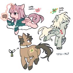 Rule 34 | 1girl, 2boys, :d, animal, animalization, brown hair, collared shirt, danganronpa (series), danganronpa 2: goodbye despair, detached collar, english text, green jacket, grey hair, happy, highres, hinata hajime, horse, jacket, komaeda nagito, long hair, medium hair, multiple boys, my little pony, nanami chiaki, neck ribbon, open mouth, pink ribbon, ribbon, shirt, short hair, smile, tristia (renixxxxv), white shirt