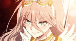 1girl artist_name blonde_hair blue_eyes blush cosplay criis-chan danganronpa_(series) danganronpa_v3:_killing_harmony goggles goggles_on_head grey_eyes hair_between_eyes head iruma_miu long_hair looking_at_viewer panty_&amp;_stocking_with_garterbelt panty_(psg) panty_(psg)_(cosplay) portrait smile solo twitter_username wings