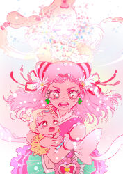 3girls absurdres atari_(atamawaki_waki) baby back_bow bag_bow bare_shoulders beads blonde_hair bow brown_eyes carrying carrying_baby carrying_person circlet clover_earrings cone_hair_bun cowboy_shot cropped_shirt crying crying_with_eyes_open cure_tomorrow cure_yell daisy_(flower) detached_sleeves double_bun dress dual_persona floating_clothes floating_hair flower four-leaf_clover_earrings frilled_dress frilled_shirt frilled_skirt frills frown furrowed_brow green_skirt hair_beads hair_bun hair_flower hair_ornament hair_ribbon hair_tubes heart heart-shaped_bag heart_hair_ornament high_ponytail highres hug-tan_(precure) hugtto!_precure interlocked_fingers large_bow layered_dress light_particles long_hair looking_at_viewer magical_girl makeup mascara midriff multiple_girls navel nono_hana open_mouth own_hands_clasped own_hands_together pink_bow pink_eyes pink_hair pink_shirt pink_skirt ponytail praying precure puffy_short_sleeves puffy_sleeves red_ribbon ribbon see-through_clothes see-through_sleeves shirt short_dress short_sleeves skirt sleeveless sleeveless_shirt standing tareme teardrop tears teeth two-tone_skirt very_long_hair waist_bag white_bag white_bow white_flower white_sleeves wrist_cuffs yellow_arm_warmers yellow_dress yellow_wrist_cuffs