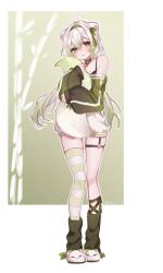 1girl ahoge animal_ears bare_shoulders breasts ferret_ears ferret_girl ferret_tail food-themed_necklace gradient_hair gradient_tail green_eyes green_hair highres hugging_own_tail hugging_tail indie_virtual_youtuber laimu_(vtuber) laimu_(vtuber)_(cozy) light_blush lime_necklace looking_at_viewer medium_breasts multicolored_hair second-party_source shi_vii single_thighhigh solo tail thigh_strap thighhighs two-tone_hair virtual_youtuber white_hair