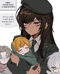 1boy age_regression aged_down alternate_hairstyle baby beret blonde_hair blue_eyes brown_eyes brown_hair carrying carrying_baby carrying_person child collared_shirt dark-skinned_female dark_skin earrings faust_(project_moon) green_jacket hat highres jacket jewelry korean_text limbus_company long_hair military_dress_uniform military_jacket military_uniform multiple_girls necktie outis_(project_moon) project_moon rodion_(project_moon) scarf shirt simple_background sinclair_(project_moon) swaddled sweatdrop toddler upper_body white_background white_hair white_shirt yippee