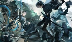 2boys absurdres ameinu bird black_hair black_jacket black_pants broken_glass building crow feathers glass gloves highres holding holding_sword holding_weapon jacket jacket_on_shoulders katana long_sleeves male_focus multiple_boys original outdoors pants sheath sheathed short_hair sword weapon white_hair