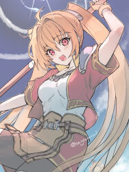 1girl ahoge antenna_hair bike_shorts blue_sky breasts brown_hair cloud cropped_jacket eiyuu_densetsu estelle_bright floating_hair gloves hair_between_eyes hair_intakes highres holding holding_staff holding_weapon long_hair looking_at_viewer medium_breasts open_mouth red_eyes sagara_riri short_sleeves shorts sky smile solo sora_no_kiseki staff twintails twitter_username weapon