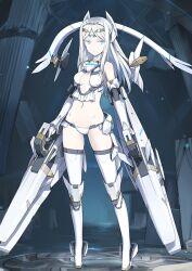 Rule 34 | 1girl, armor, armored boots, armored gloves, bare shoulders, bikini armor, blue eyes, boots, breasts, breasts apart, circlet, cleavage cutout, closed mouth, clothing cutout, colored eyelashes, crop top, detached sleeves, dot mouth, dual wielding, expressionless, fate/grand order, fate (series), floating headgear, full body, galatea (fate), game cg, gloves, gluteal fold, groin, halterneck, headgear, headpiece, holding, holding weapon, legs apart, long hair, long sidelocks, long sleeves, looking to the side, lowleg, lowleg panties, medium breasts, navel, official art, pale skin, panties, parted bangs, shimada fumikane, shirt, sidelocks, solo, standing, thighhighs, third-party source, turtleneck, underboob, underwear, variant set, weapon, white armor, white boots, white eyelashes, white gloves, white hair, white shirt, white thighhighs