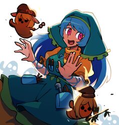 1girl :d animal_ears apron bamboo blue_hair dango dress floppy_ears food green_apron green_headscarf haniwa_(statue) haniyasushin_keiki hat headscarf iganashi1 long_hair looking_at_viewer one-hour_drawing_challenge open_mouth pink_eyes rabbit_ears ringo_(touhou) simple_background single_strap smile tate_eboshi teireida_mai touhou wagashi white_background wood_carving_tool yellow_dress