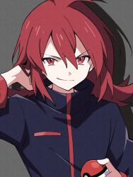 &gt;:) 1boy 1girl blue_jacket closed_mouth drop_shadow grey_background hair_between_eyes highres holding holding_poke_ball jacket long_hair long_sleeves looking_at_viewer male_focus nintendo niyane poke_ball poke_ball_(basic) pokemon pokemon_hgss red_eyes red_hair silver_(pokemon) simple_background solo upper_body v-shaped_eyebrows