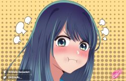 1girl :i puff_of_air absurdres blue_eyes blue_hair blush deviantart_username highres kurokawa_akane oshi_no_ko pout short_hair signature solo twitter_username victoors