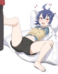 1boy 1girl absurdres aged_down ahoge bad_source bandaid bandaid_on_knee bandaid_on_leg barefoot black_shorts blue_hair clothes_lift collared_shirt commander_(girls&#039;_frontline) daebom girls&#039;_frontline glasses hair_ornament hairclip highres k11_(girls&#039;_frontline) k11_(lil&#039;_scientist)_(girls&#039;_frontline) lab_coat long_sleeves lying navel official_alternate_costume on_back open_mouth out_of_frame red_eyes shirt shirt_lift short_shorts shorts simple_background white_background