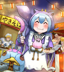 1girl 3boys absurdres banana blue_kimono character_request closed_eyes creature dragon_girl dragon_horns dragon_tail duel_monster eating fish_boy food food_stand fruit hatano_kiyoshi highres horns japanese_clothes kimono laundry_dragonmaid maid marauding_captain marmiting_captain multiple_boys night smile solo_focus tail takoyaki wa_maid yu-gi-oh!