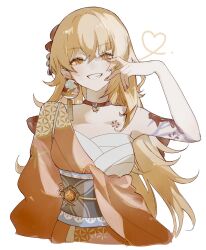 1girl arm_tattoo bandages bare_shoulders blonde_hair breasts butterfly_choker chest_sarashi choker chuuun99 collarbone earrings flower_tattoo genshin_impact hair_between_eyes hair_down hand_up highres japanese_clothes jewelry kimono large_breasts long_hair long_sleeves looking_at_viewer obi off_shoulder open_mouth orange_kimono red_choker sarashi sash simple_background smile solo tattoo upper_body vision_(genshin_impact) white_background yellow_eyes yoimiya_(genshin_impact)