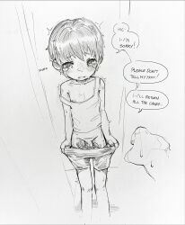 2boys clothes_pull commentary english_commentary english_text graphite_(medium) highres monochrome multiple_boys original parted_lips penis renocoffee short_hair shorts shorts_pull shota small_penis solo_focus speech_bubble tearing_up traditional_media uncensored very_short_hair