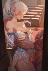 1girl arched_back blue_skirt blue_sleeves breasts breasts_out censored closed_eyes clothes_lift collarbone cowboy_shot cum cum_in_pussy detached_sleeves door doorway from_inside from_side grey_hair hetero high_ponytail highres indoors leaning_back leg_lift long_hair long_sleeves miniskirt mosaic_censoring nipples open_mouth peeking ponytail pov pov_hands pussy rwby scar scar_across_eye scar_on_face sex size_difference skirt skirt_lift small_breasts solo_focus standing standing_sex strapless tears torso_grab vaginal voyeur_pov voyeurism wangxiii weiss_schnee