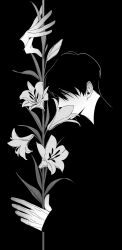 1boy bad_anatomy benkdjjituibot black_hair closed_eyes flower highres holding holding_flower kim_dokja long_arms long_fingers omniscient_reader&#039;s_viewpoint outline partially_invisible short_hair smelling smelling_flower tiger_lily upper_body white_outline