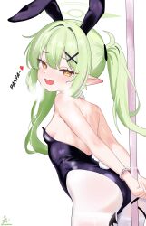 1girl absurdres animal_ears arms_behind_back black_leotard black_tail blue_archive blush bound bound_wrists breasts cuffs demon_tail detached_collar ear_blush fake_animal_ears green_hair green_halo hair_ornament halo handcuffs highres leotard looking_at_viewer nozomi_(blue_archive) open_mouth orange_eyes pantyhose playboy_bunny pointy_ears priquetrum rabbit_tail sideboob simple_background small_breasts solo strapless strapless_leotard tail twintails white_background white_pantyhose x_hair_ornament