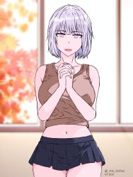 Rule 34 | 1girl, absurdres, alternate costume, autumn, autumn leaves, black skirt, blurry, blurry background, breasts, brown shirt, cimol95, collarbone, commentary, dated, feet out of frame, girls&#039; frontline, grey hair, highres, ibispaint (medium), leaf, looking at viewer, medium breasts, medium hair, miniskirt, navel, open mouth, purple eyes, rpk-16 (girls&#039; frontline), shirt, skirt, solo, standing, symbol-only commentary, twitter username, window