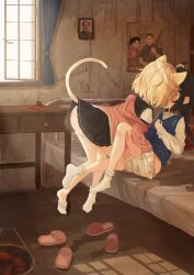2girls absurdres animal_ears bayonet bedroom black_hair black_skirt blonde_hair blue_sweater blueman&amp;alinla braid cardigan cat_ears cat_girl cat_tail chinese_text collared_shirt commentary communism communist_party_of_china curtains day e=mc2_(equation) gun hammer_and_sickle highres indoors mao_zedong medium_hair multiple_girls on_bed original panties panty_pull pink_cardigan pink_slippers pleated_skirt poster_(object) propaganda red_slippers rifle shirt single_braid skirt slippers socks sweater tail translation_request underwear weapon white_panties white_shirt white_socks window yuri