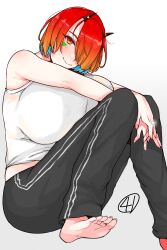 1girl 41_(taskmaster41) black_horns black_pants blue_hair breasts colored_inner_hair hat highres horns huge_breasts ignis_(last_origin) jewelry last_origin looking_at_viewer multicolored_hair nail_polish one_eye_covered pants red_eyes red_hair ring shirt short_hair signature sitting smile solo solo_focus sun_hat two-tone_hair wedding_ring white_background