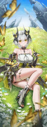 1girl 4meart0112 absurdres armored_gloves bare_shoulders black_panties blue_sky blush breasts bug butterfly butterfly_ornament commentary detached_sleeves dress duet_night_abyss english_commentary film_grain full_body gloves green_dress green_eyes grey_hair high_heels highres insect large_breasts looking_at_viewer medium_hair outdoors panties partially_fingerless_gloves psyche_(duet_night_abyss) sky smile solo thigh_strap two-tone_dress underwear white_dress