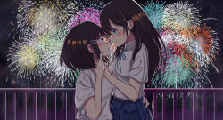 2girls absurdres aerial_fireworks arm_around_waist backlighting black_hair blue_eyes blue_ribbon blue_skirt blush breasts closed_mouth clothes_grab collared_shirt commentary_request couple earrings eye_contact fence fingernails fireworks grass hair_ornament hairclip hand_up highres iron_fence jewelry long_hair looking_at_another medium_breasts medium_hair multiple_girls neck_ribbon night night_sky nose_blush original parallel_hairclips parted_lips plaid_clothes plaid_skirt red_eyes ribbon shikinnsonn shirt shirt_grab short_sleeves sideways_mouth skirt sky split_mouth star_(sky) starry_sky upper_body white_shirt yuri