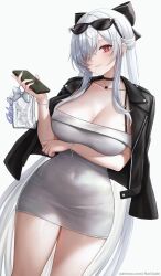 1girl arm_under_breasts black_bow black_choker black_jacket bow breasts bright_pupils cellphone choker cinderella_(beautiful_me)_(nikke) cinderella_(nikke) cleavage closed_mouth collarbone commentary covered_navel cowboy_shot dress english_commentary eyewear_on_head fingernails goddess_of_victory:_nikke grey_dress hair_bow heart heart_necklace highres holding holding_phone jacket jacket_on_shoulders jewelry large_breasts long_hair looking_at_viewer narijade necklace official_alternate_costume patreon_username phone red_eyes sidelocks smartphone smile solo sunglasses thighs very_long_hair white_hair white_nails white_pupils