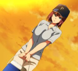 1girl akane_wa_tsumare_somerareru blue_eyes breasts cleavage dusk hair_between_eyes hat large_breasts nanao_akane short_hair sky source_request tagme yellow_sky