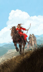 1boy 1girl black_horse bow_(weapon) chinese_clothes cloud copyright_request floating_hair hanfu highres horse horseback_riding ibuki_satsuki long_hair mountain mountainous_horizon ponytail riding sky very_long_hair weapon white_horse