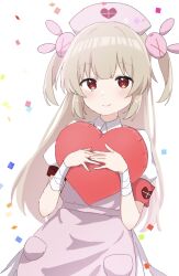 1girl apron armband bandaged_wrist bandages blush closed_mouth confetti hair_ornament hat heart heart_print highres long_hair looking_at_viewer natori_sana natori_sana_(nurse) nurse_cap pink_apron rabbit_hair_ornament red_armband red_eyes sana_channel sanz_zzz shirt short_sleeves solo two_side_up virtual_youtuber white_background white_shirt