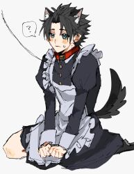 1boy alternate_costume apron black_dress black_hair blue_eyes closed_mouth collar crossdressing crossdressing_(mtf) dress earrings final_fantasy final_fantasy_vii highres jewelry kemonomimi_mode leash long_sleeves maid male_focus male_maid mtr_dayoo on_floor short_hair single_earring sitting spiked_hair sweatdrop tail zack_fair