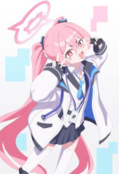 Rule 34 | 1girl, absurdres, black gloves, blue archive, blue necktie, blue skirt, double v, fingerless gloves, gloves, hair between eyes, halo, highres, jacket, koyuki (blue archive), name tag, necktie, nyan (float 495), pink eyes, pink hair, pink halo, shirt, skirt, solo, thighhighs, thighs, twintails, v, white jacket, white shirt, white thighhighs