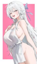 1girl absurdres apron armpit_crease blue_eyes bow breasts commission cowboy_shot erikon_(eruge) hair_bow half_updo hand_up highres large_breasts long_hair looking_at_viewer naked_apron open_mouth original rashford sideboob smile solo sweat very_long_hair white_apron white_hair