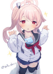1girl ahoge artist_name black_thighhighs blue_archive blue_sailor_collar blue_skirt blush bright_pupils cardigan collarbone commentary_request from_above hair_intakes hair_ornament halo highres long_sleeves looking_at_viewer microskirt milk_carton natsu_(blue_archive) neckerchief open_mouth partial_commentary pink_hair pink_halo red_eyes red_neckerchief sailor_collar shiroitefu side_ponytail simple_background skirt solo standing thighhighs white_background white_cardigan white_pupils zettai_ryouiki