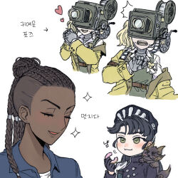 3girls :3 ^^^ beret black_dress black_hair black_hat blonde_hair blue_jacket bow closed_eyes coat cornrows creature creature_on_shoulder cropped_torso dark-skinned_female dark_skin donut dress eating food green_overalls grey_eyes grey_tongue hair_bow hand_up hat heart holding holding_donut holding_food interlocked_fingers ioi_33333 jacket korean_text liang_yue_(reverse:1999) loggerhead_(reverse:1999) long_hair looking_at_another metal_skin movie_camera multiple_girls object_head on_shoulder open_mouth overalls own_hands_together poitier_(reverse:1999) qiangliang_(reverse:1999) reverse:1999 shirt side_ponytail smile sparkle surprised translation_request upper_body white_background white_shirt yellow_coat
