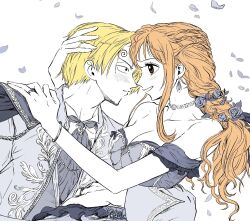 1boy 1girl blonde_hair blush braid close-up commentary_request couple cropped curly_eyebrows dress earrings facial_hair falling_petals goatee hetero highres jewelry korean_commentary nami_(one_piece) necklace off-shoulder_dress off_shoulder one_piece orange_hair petals ring sanji_(one_piece) sidelocks sktkah_7326 upper_body