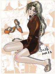 1girl blonde_hair blue_eyes brown_pantyhose feet highres light_blush long_hair looking_at_viewer meitantei_conan pantyhose shoes soles tangerhua unworn_shoes vermouth_(meitantei_conan)