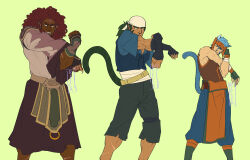 3boys alternate_skin_color animal_ears bandana blue_hair cat_boy cat_ears commentary english_commentary fire_emblem fire_emblem:_radiant_dawn green_hair highres long_hair male_focus muarim_(fire_emblem) multiple_boys muscular muscular_male nintendo one_eye_closed ranulf_(fire_emblem) red_hair riftek scar short_hair simple_background skrimir_(fire_emblem) stretching tail