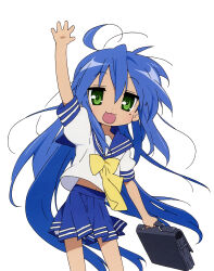 1girl :3 absurdres ahoge anime_coloring arm_at_side arm_up bag black_bag blue_hair blue_sailor_collar blue_skirt blue_trim bow briefcase cowboy_shot dot_nose green_eyes hair_between_eyes happy highres holding holding_bag holding_briefcase horiguchi_yukiko izumi_konata jitome long_hair lucky_star messy_hair midriff_peek mole mole_under_eye navel neckerchief official_art open_mouth pleated_skirt puffy_short_sleeves puffy_sleeves raised_eyebrows sailor_collar scan school_briefcase school_uniform serafuku short_sleeves sidelocks simple_background skirt solo standing tachi-e third-party_source very_long_hair waving white_background white_serafuku wind yellow_bow yellow_neckerchief