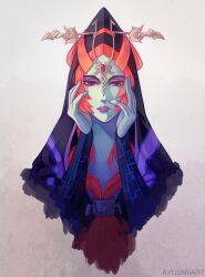 1girl artist_name blue_skin colored_skin commentary english_commentary eyeliner highres iubworks jewelry lipstick long_hair looking_at_viewer low-tied_long_hair makeup midna midna_(true) nintendo orange_eyes parted_lips purple_eyeliner purple_lips red_hair solo the_legend_of_zelda the_legend_of_zelda:_twilight_princess tiara upper_body