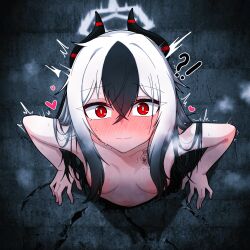 1girl absurdres alternate_hairstyle black_hair blue_archive blush closed_mouth completely_nude crossed_bangs demon_girl demon_horns hair_between_eyes heart highres horns implied_sex kayoko_(blue_archive) long_hair looking_at_viewer manli multicolored_hair nude solo through_wall two-tone_hair white_hair