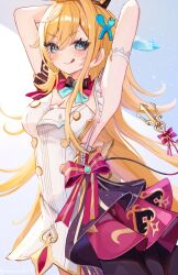 1girl :q aqua_eyes armpits arms_behind_head arms_up black_bow black_bowtie blonde_hair blush bow bowtie breasts dress escoffier_(genshin_impact) fork_hair_ornament genshin_impact hair_between_eyes hair_ornament highres long_hair looking_at_viewer medium_breasts pink_bow ruarua0819 smile solo spoon_hair_ornament tongue tongue_out white_dress x_hair_ornament